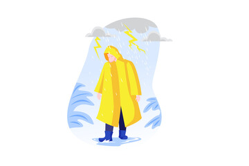 Person in Yellow Raincoat Standing in Rainstorm Illustration with Lightning and Cloudy Sky on...