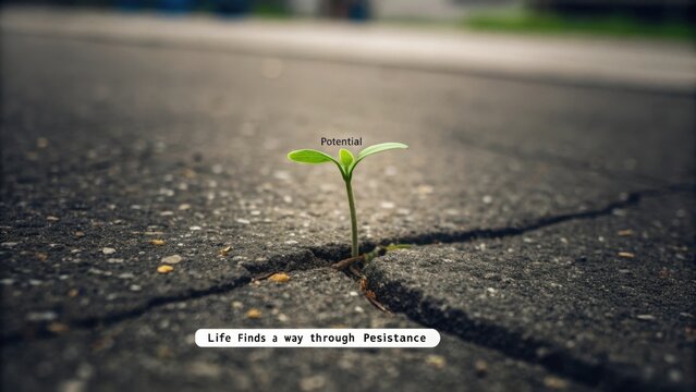 Vibrant green sprout growing through concrete crack showing persistence - Powered by Adobe