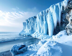 A dramatic icy cliff face, adorned with cascading icicles, descends to a frozen shoreline, showcasing the beauty of a winter wonderland.