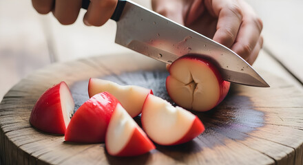Person Cutting Red and White Apples on Wooden Cutting Board in Kitchen