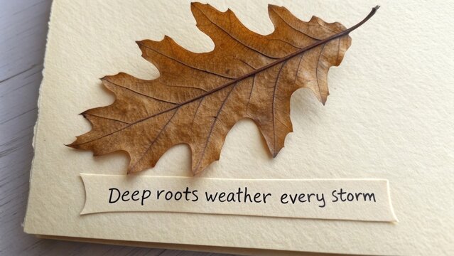 A single dry brown oak leaf pressed flat with inspirational text - Powered by Adobe