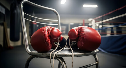 Red Boxing Gloves Resting on Metal Chair Inside Boxing Gym