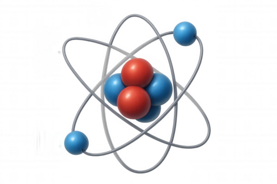Atom model showing nucleus with protons, neutrons, and orbiting electrons on a transparent background