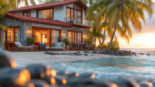 Coastal Haven: A luxurious beachfront house offers an inviting retreat, with a backdrop of serene ocean vistas and swaying palm trees, the embodiment of tropical tranquility.