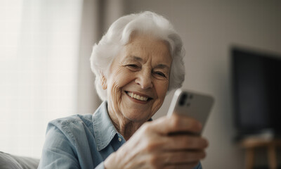 Joyful senior woman with white hair smiling while holding a smartphone indoors