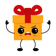 Kawaii gift box with angry expression, cartoon style, vibrant colors, and playful design
