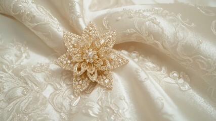 close-up of a luxurious gold floral brooch with beads, pinned on a cloth