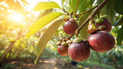 MangoSteen on tree in garden, Mangosteen hanging on tree in natural warm sunlight view