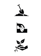 Afforestation silhouette, Combination of three plantation icon. Digging with shovel, seedling with cropped hand, showing newly grown sprout in the hand

