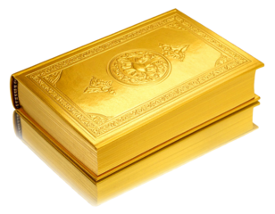 Golden Book With Ornate Cover Design Angled Side View. Luxury And Knowledge Symbol Isolated On Transparent Background