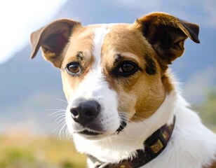 Close-up of a dog's head, light brown and white, with attentive gaze.  Mountain backdrop blurred