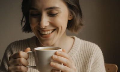 Joyful Woman Enjoys a Warm Cup of Coffee