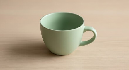 Minimalist Light Green Ceramic Mug on a Beige Background.