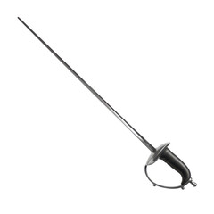 Traditional metallic fencing rapier sword isolated on white background for historical and sports themes.