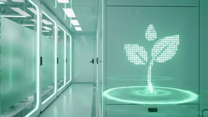 A data center showcases an illuminated plant graphic, symbolizing eco-friendly technology and sustainable practices within the digital infrastructure. - Powered by Adobe