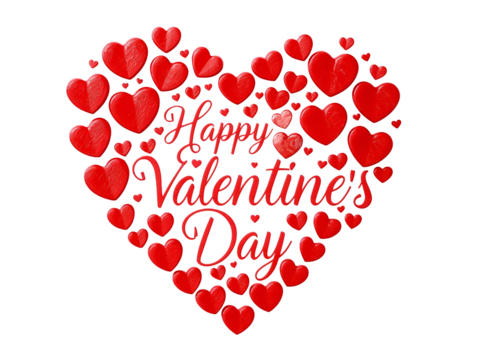 Red hearts forming a large heart with text isolated on a transparent background love 1