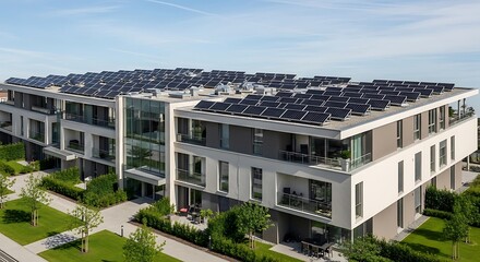 Modern Apartment Building With Solar Panels On The Roof.