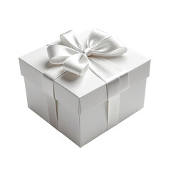 Fototapeta premium White gift box topped with a silky ribbon and bow on black background