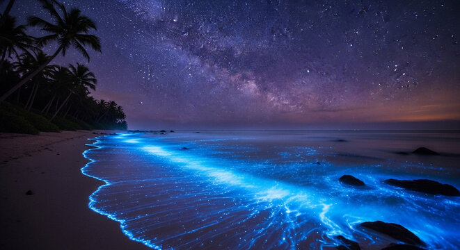Bioluminescent plankton glowing on the beach at night under the milky way, creating a magical and surreal scene with palm trees silhouetted against the starry sky