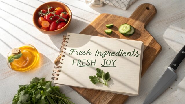 Fresh Ingredients and Culinary Joy on Wooden Board with Cherry Tomatoes, Cucumbers, and Fresh Herbs in Sunlit Kitchen