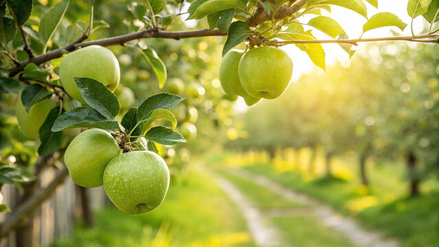 Green Apples on tree branch in garden, Green Apple hanging tree in natural warm sunlight view