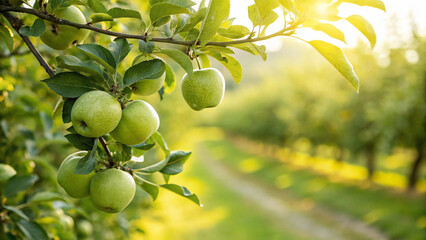 Green Apple hanging tree in garden, Green Apples on tree branch in natural warm sunlight view