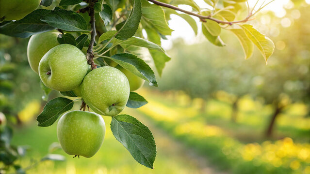 Green Apple tree in garden, Green Apple hanging on tree in natural warm sunlight background