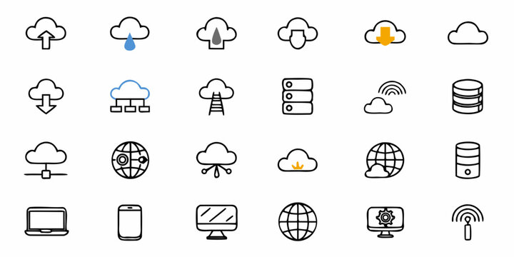 Cloud computing icons showcase modern network solutions, offering scalable data storage and seamless internet connections for global digital transformation, originally vector