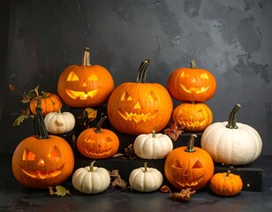 Halloween jack-o'-lanterns, various sizes and colors, on dark steps
