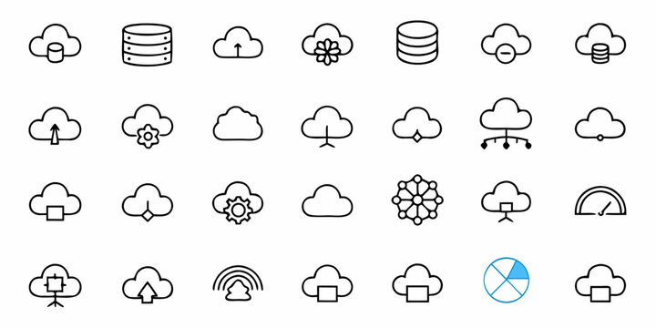 Dynamic cloud computing icons set symbolizing data storage, network, security, and digital transformation for modern business solutions and innovative technology concepts - Powered by Adobe