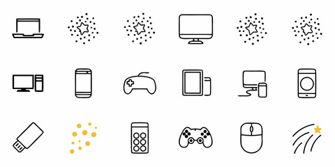 Modern technology icons including laptops computers smartphones tablets game controllers and USB drives for digital innovation presentations and app design