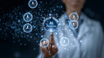 Doctor interacts with digital interface showcasing AI in medicine. Bright, modern healthcare environment highlighting innovation in medical practices - Powered by Adobe