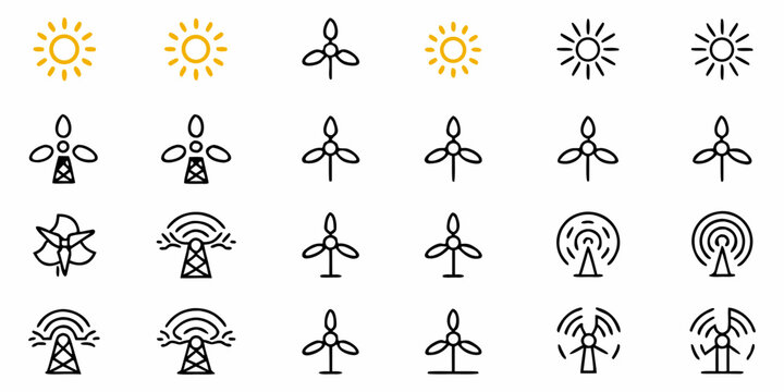 Diverse collection of renewable energy icons featuring sun, wind turbines, and transmission towers, perfect for modern eco-friendly projects and sustainable technology concepts