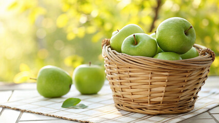 Green Apple in wicker basket on tiled surface in natural warm sunlight background