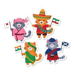 Fototapeta premium Cute cartoon cats dressed in traditional international costumes holding national flags from various countries around the world.