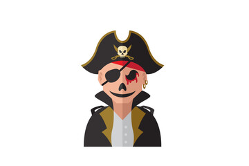 Pixel Art Pirate with Eye Patch on Transparent Background Skull Hat and Black Jacket Illustration...