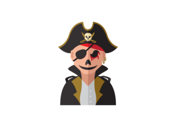 Pixel Art Pirate with Eye Patch on Transparent Background Skull Hat and Black Jacket Illustration for Halloween Themed Projects