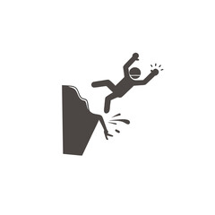 Beware of edge. Risky edge fall in hill. Beware of sharp cliff warning. Watch out for rock falls icon. Person falls on a turning cliff. Monochrome black and white symbol vector illustration. Pictogram