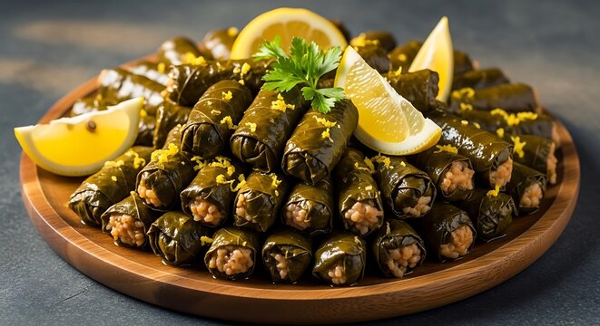 Traditional Stuffed Grape Leaves Dolma on a Wooden Plate.