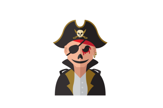 Pixel Art Pirate with Eye Patch on Transparent Background Skull Hat and Black Jacket Illustration for Halloween Themed Projects