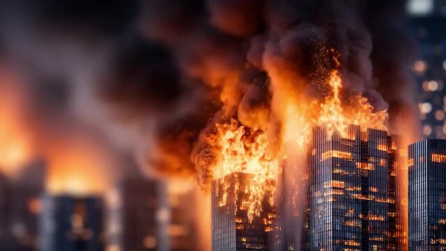 Fiery Metropolis: An urban cityscape consumed by an intense inferno, flames engulfing skyscrapers and billowing smoke obscuring the night sky, depicting a scene of destruction and devastation.