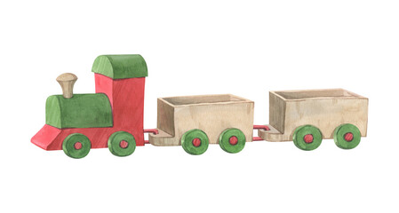 watercolor illustration of a toy steam locomotive