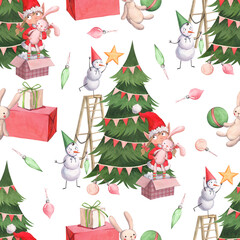 Watercolor pattern with a Christmas girl elf and snowmen