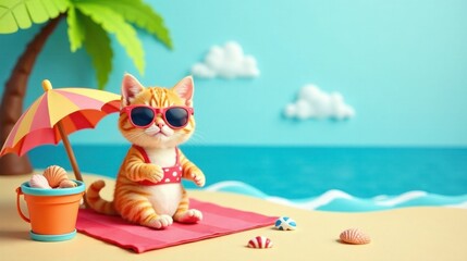 A Cute Kitten in Sunglasses Enjoys a Relaxing Beach Day Under a Colorful Parasol