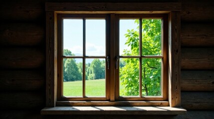 Obraz premium Rustic Wooden Window Frame with Panoramic View of Lush Greenery and Distant Trees on a Sunny Day