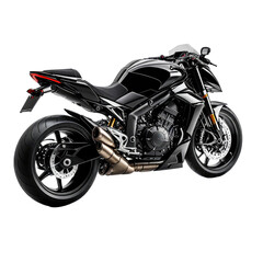 Sleek black motorcycle featuring exposed engine and dual exhaust pipes