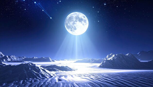 Majestic, full moon illuminates a surreal landscape under a starry, deep blue night sky, its radiant beams reaching down upon the snowy mountain peaks and textured terrain, creating a serene and...