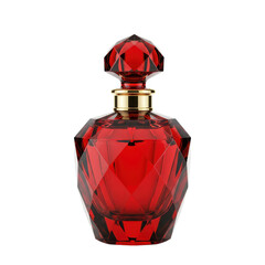 Luxury faceted red glass perfume bottle with crystal cap isolated on white background.