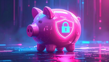 Pink piggy bank with security lock. Neon glow, digital backdrop