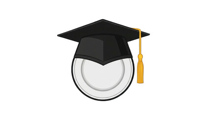 illustration of a white dinner plate wearing a black academic graduation cap with a golden tassel.